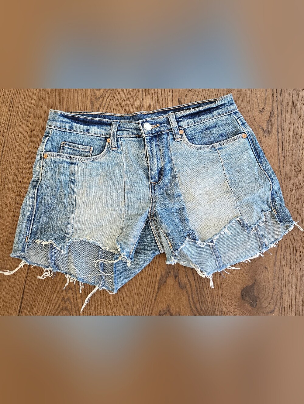 Blank NYC ESSEX Two-Tone Distressed Denim Shorts - Light & Medium Bl